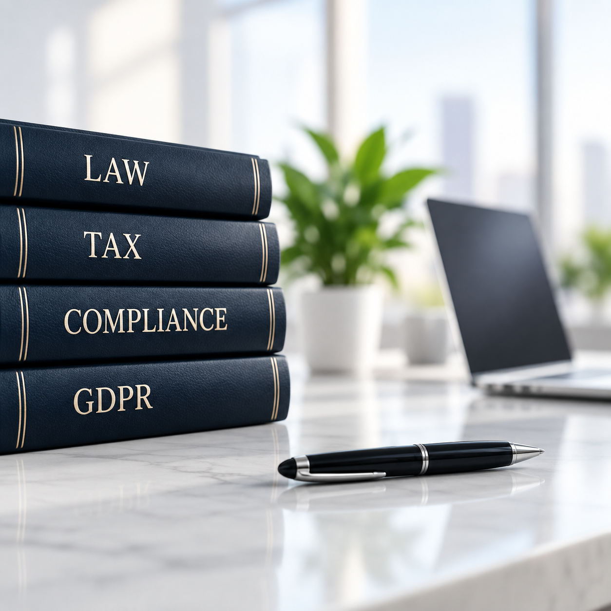 Stack of navy books labelled Law, Tax, Compliance and GDPR on a desk beside a pen and laptop