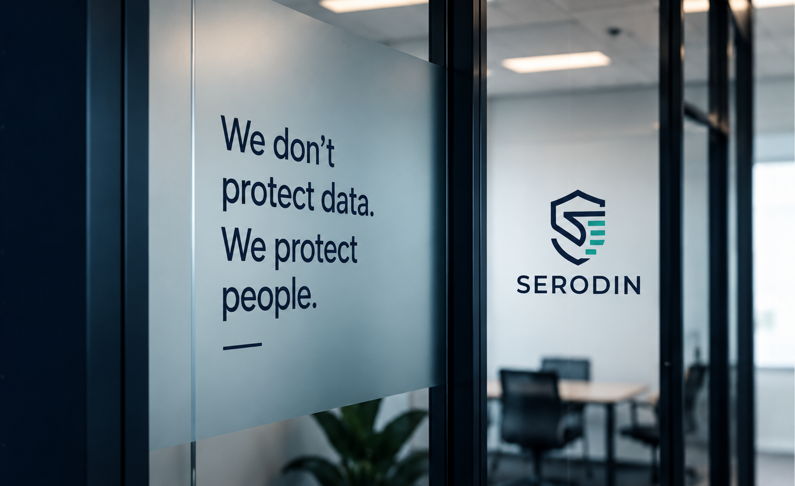 SERODIN office glass wall with the message: We don't protect data. We protect people.